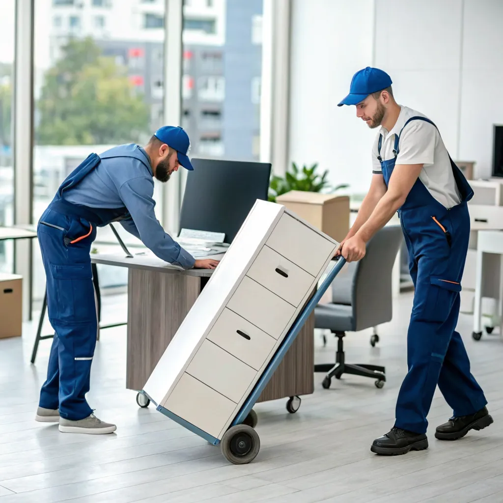 Professional movers relocating office furniture